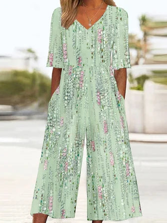 Women Half Sleeve V Neck Loose Ankle Pants Daily Vintage Gradient Pattern Natural T-Shirt Jumpsuit