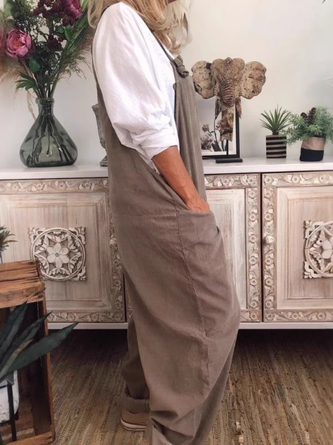 Women Sleeveless Square Neck Long Daily Casual Plain Natural Cami Jumpsuits