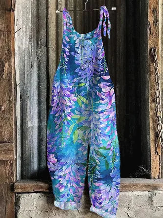 Women Sleeveless Spaghetti Regular Fit Long Daily Casual Floral Natural Cami Jumpsuit