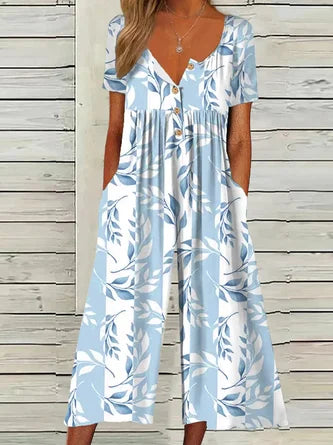 Women Short Sleeve Half Open Collar Loose Ankle Pants Daily Casual Floral Natural Jumpsuit