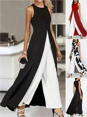 Women Sleeveless Crew Neck Regular Fit Ankle Pants Daily Casual Geometric Mid Waist Tank Jumpsuit