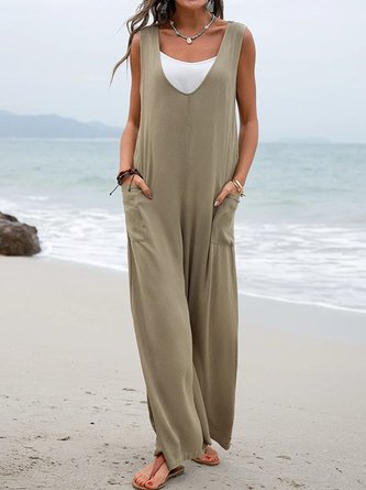 Women Plain Crew Neck Sleeveless Casual Summer Jumpsuit