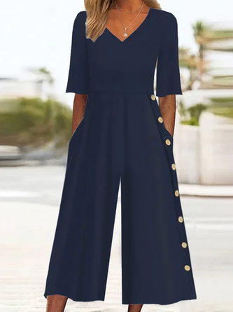 Women Half Sleeve V Neck Ankle Pants Printing Daily Casual Plain Natural Jumpsuits