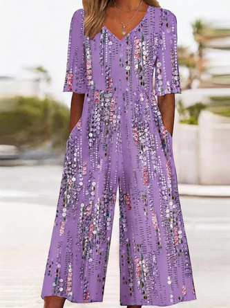 Women Half Sleeve V Neck Loose Ankle Pants Daily Vintage Gradient Pattern Natural T-Shirt Jumpsuit