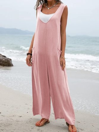 Women Plain Crew Neck Sleeveless Casual Summer Jumpsuit