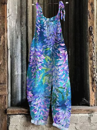 Women Sleeveless Spaghetti Regular Fit Long Daily Casual Floral Natural Cami Jumpsuit