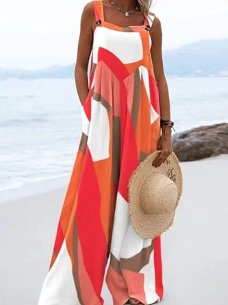 Women Gallus Square Neck Regular Fit Long Daily Casual Multicolor Block Natural Tank Jumpsuit