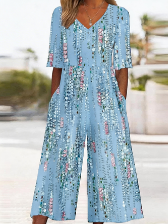 Women Half Sleeve V Neck Loose Ankle Pants Daily Vintage Gradient Pattern Natural T-Shirt Jumpsuit