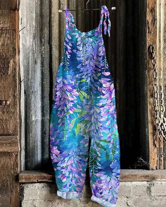Women Sleeveless Spaghetti Regular Fit Long Daily Casual Floral Natural Cami Jumpsuit
