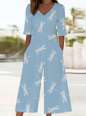 Women Dragonfly V Neck Half Sleeve Casual Summer Jumpsuit